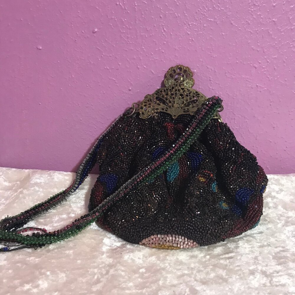 Vintage Beaded Womans Purse GUC Floral Retro Handmade Flowers Wristlet Bag Clasp - Picture 2 of 11